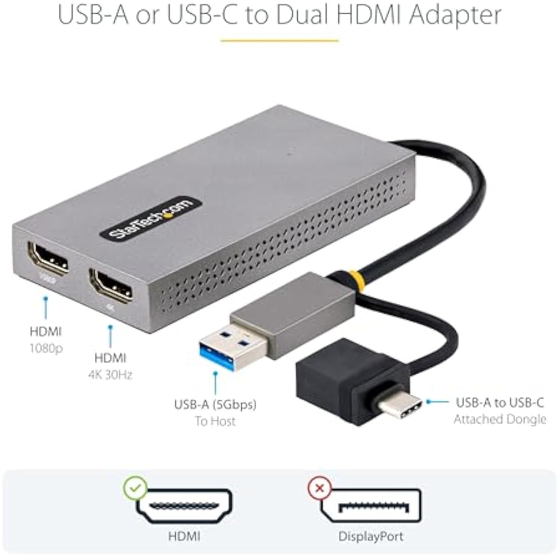 StarTech USB-C to Dual HDMI Adapter - 4K 30Hz & 1080p for Windows & Mac