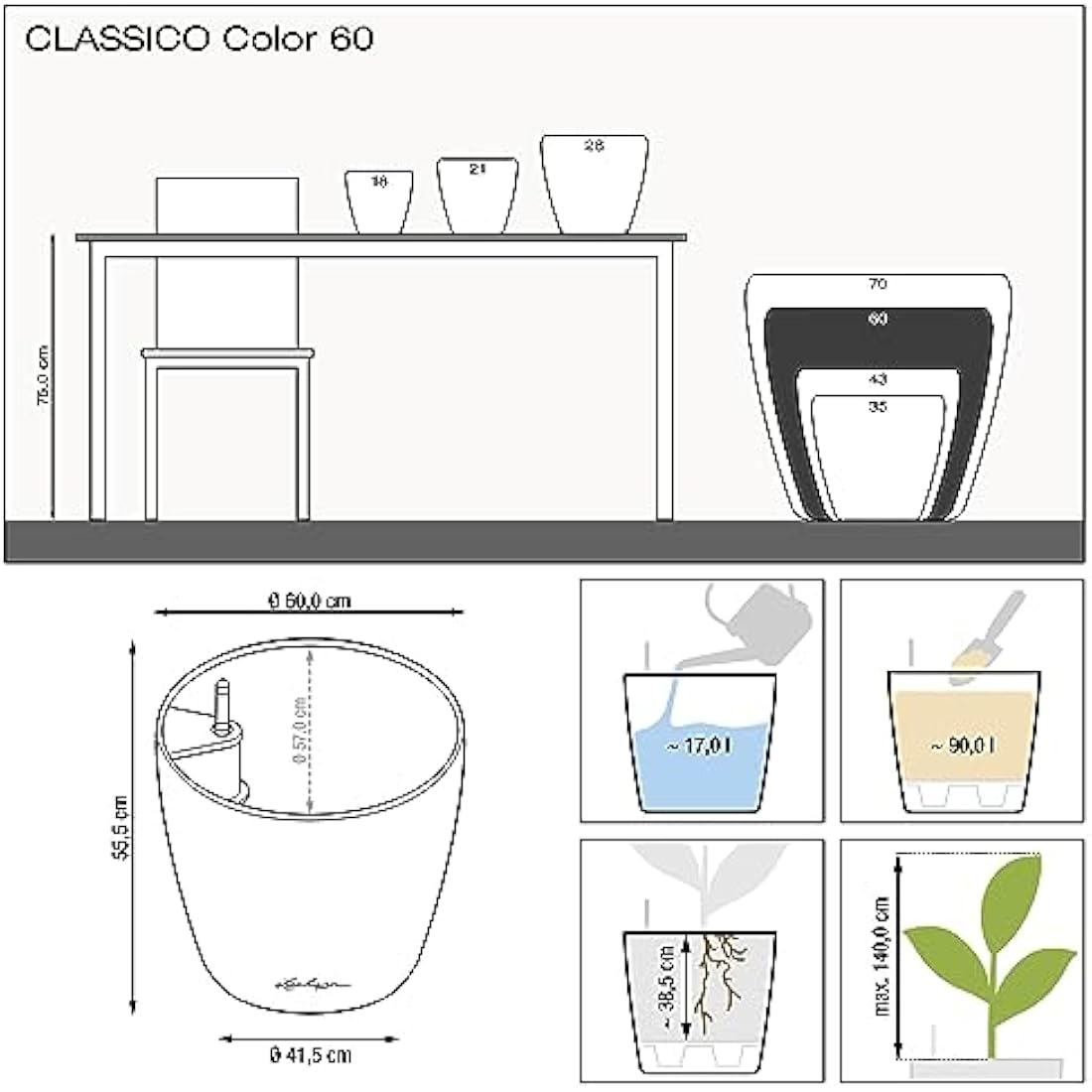 Lechuza CLASSICO Color 60 Self-Watering Planter | Sand Brown Poly-Resin