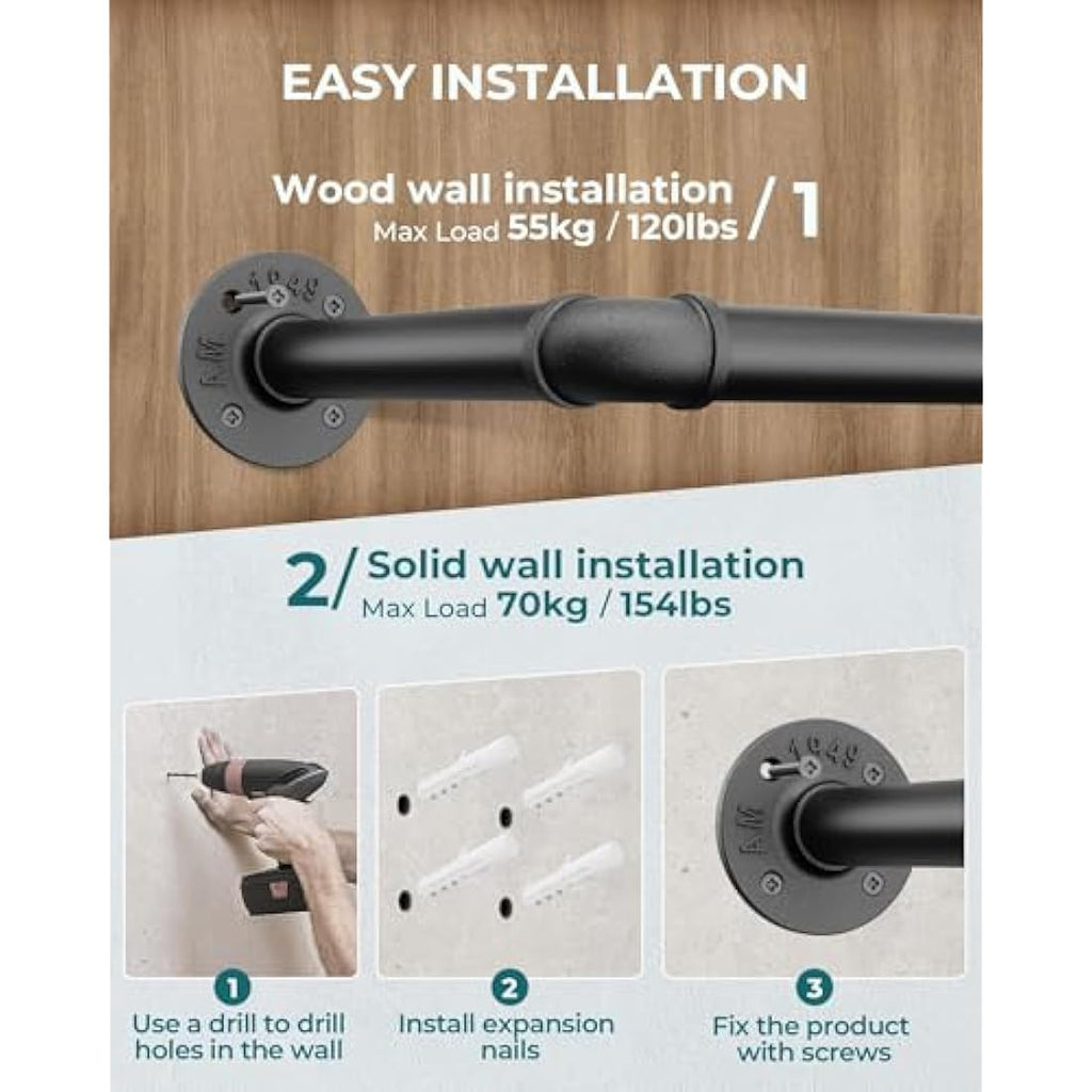 OROPY Industrial Pipe Clothes Rail | Set of 2 Heavy Duty Wall Mounted Rack