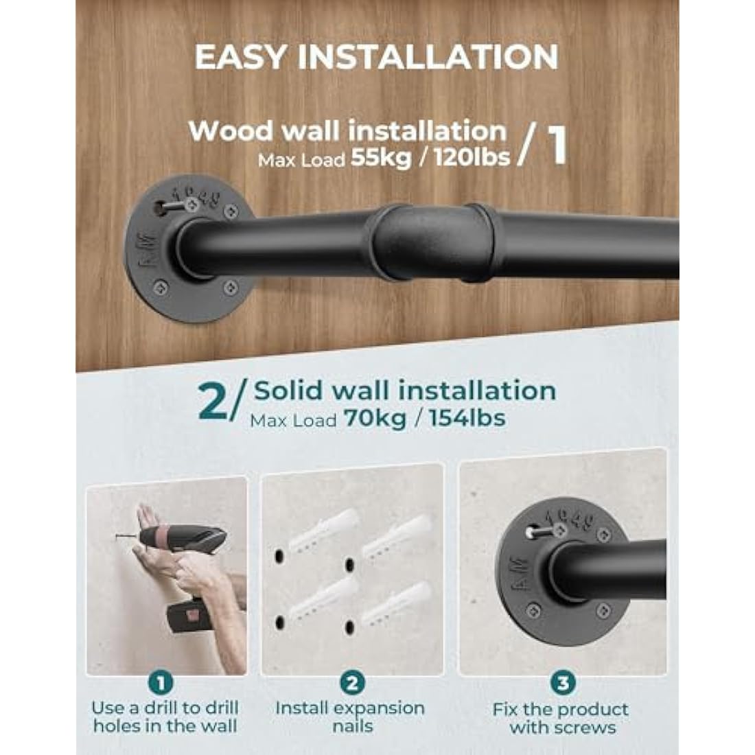 OROPY Industrial Pipe Clothes Rail | Set of 2 Heavy Duty Wall Mounted Rack