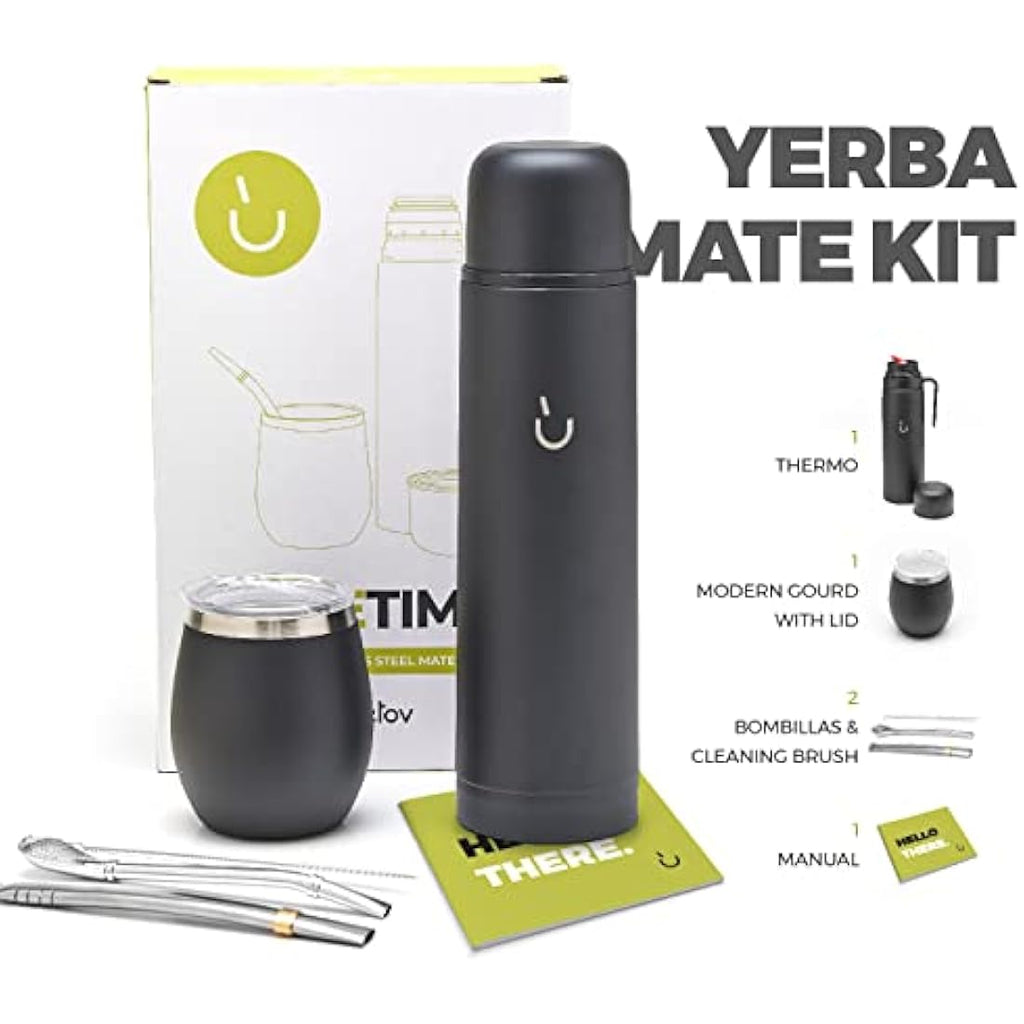 Balibetov Yerba Mate Set – Stainless Steel Gourd, Flask and Bombilla (Black)