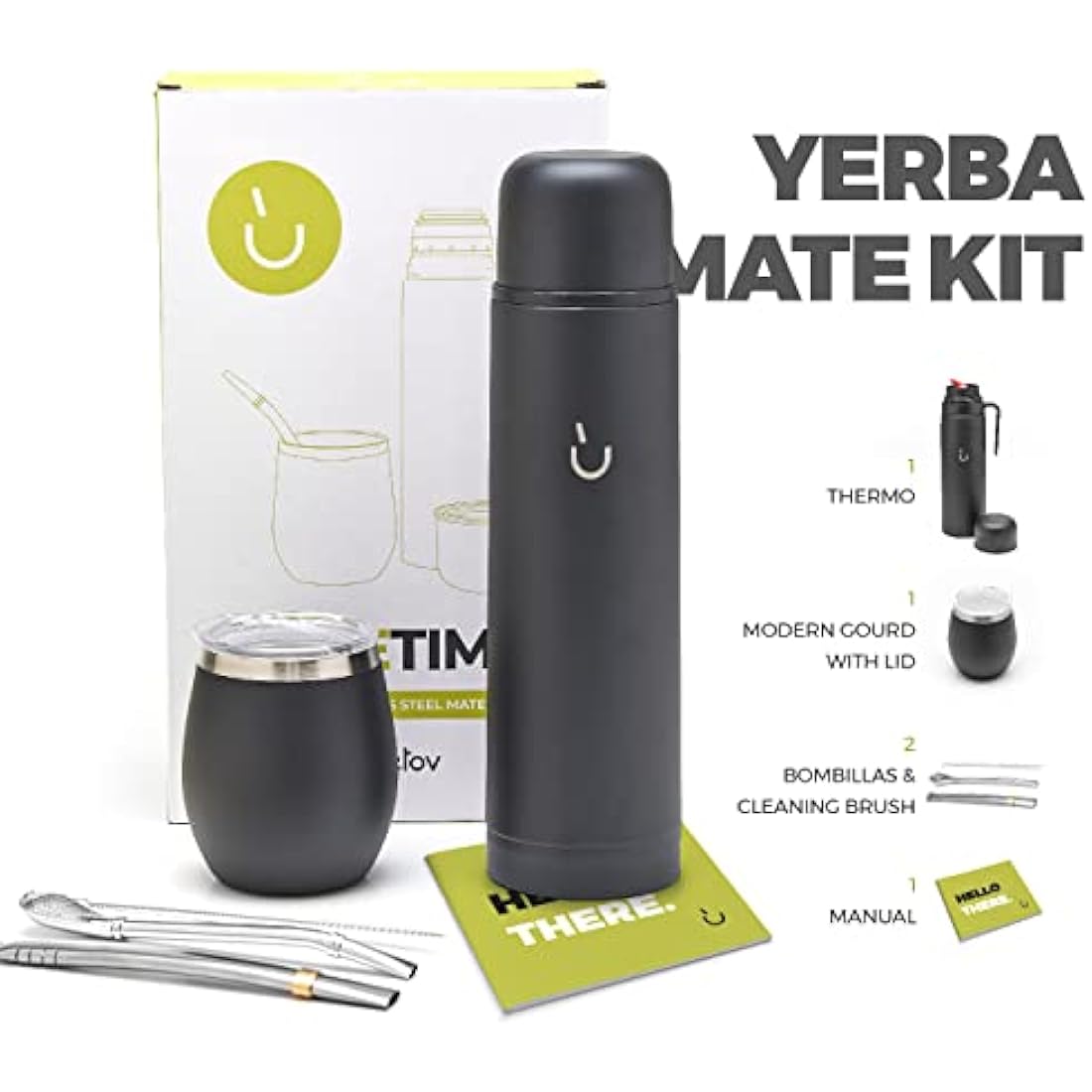 Balibetov Yerba Mate Set – Stainless Steel Gourd, Flask and Bombilla (Black)
