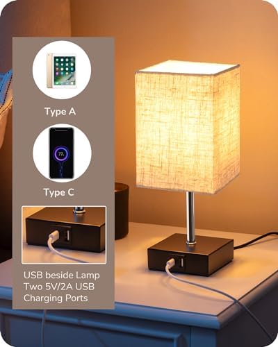 EDISHINE Bedside Lamps Set of 2 | 3-Way Touch Dimmable with USB A+C Ports