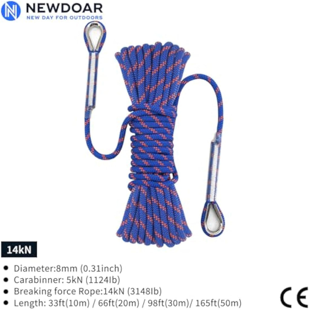 NewDoar 8mm Static Climbing Rope – 14KN Safety Cord with 2 Carabiners