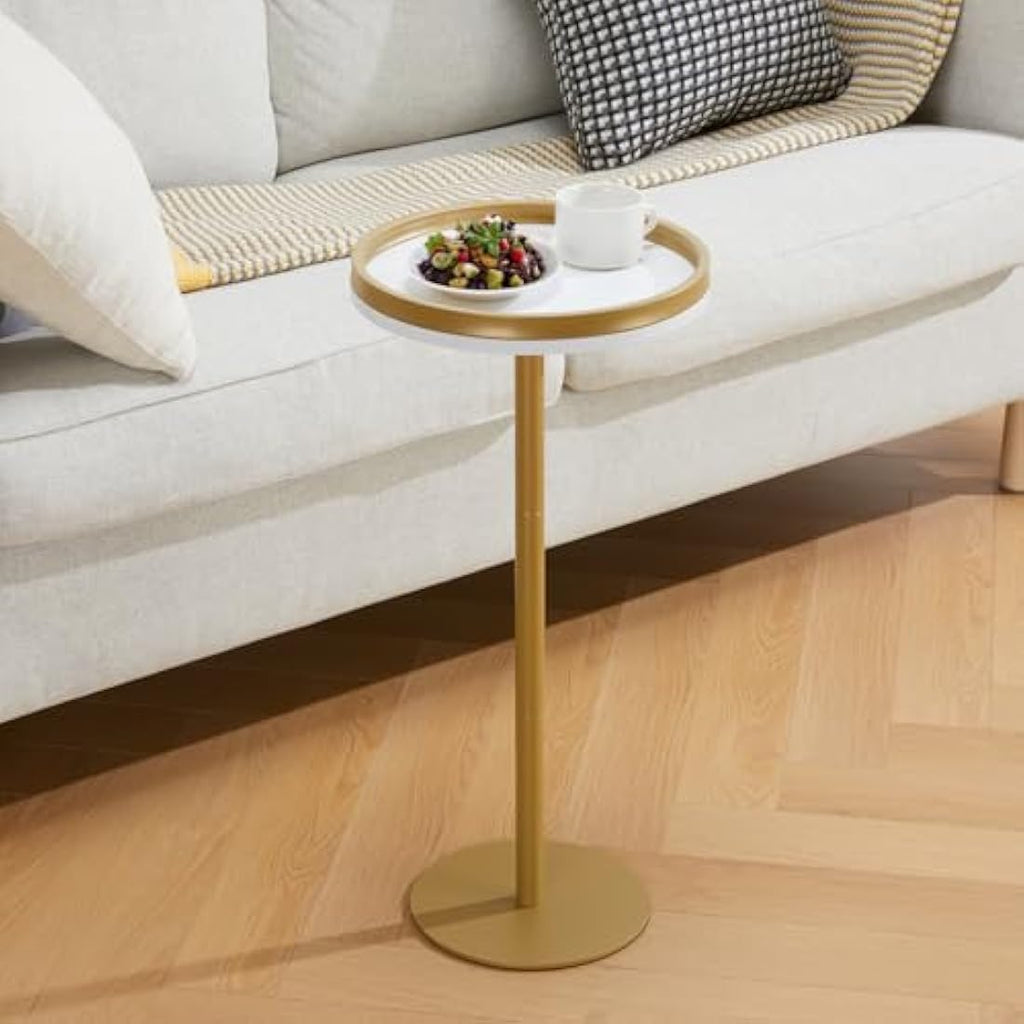 Small Round Drink Table – Modern Pedestal Side Table, White Gold