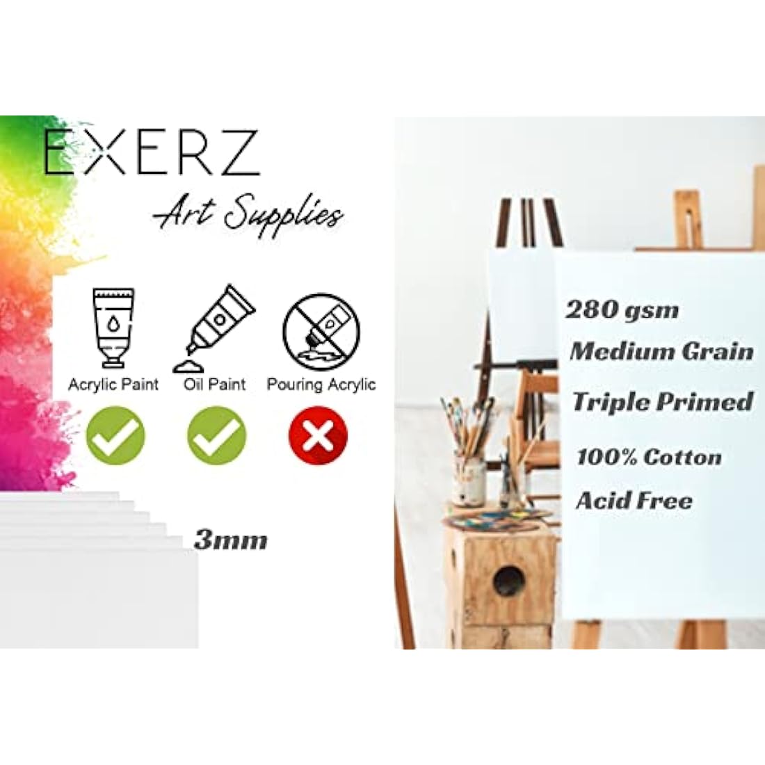 Exerz 40x50cm Canvas Panels - 6 Pack Triple Primed 100% Cotton Boards