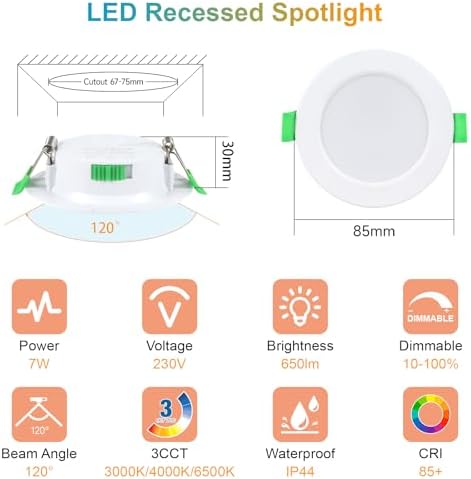 LED Downlights – 7W Dimmable IP44 Recessed Ceiling Lights 10 Pack