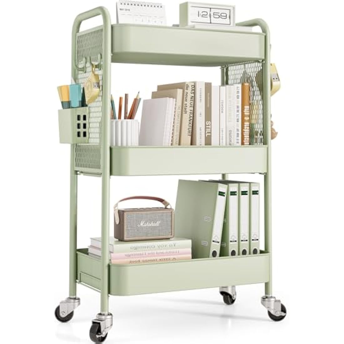 Urackify 3-Tier Rolling Utility Cart with Pegboard & Hooks - Green
