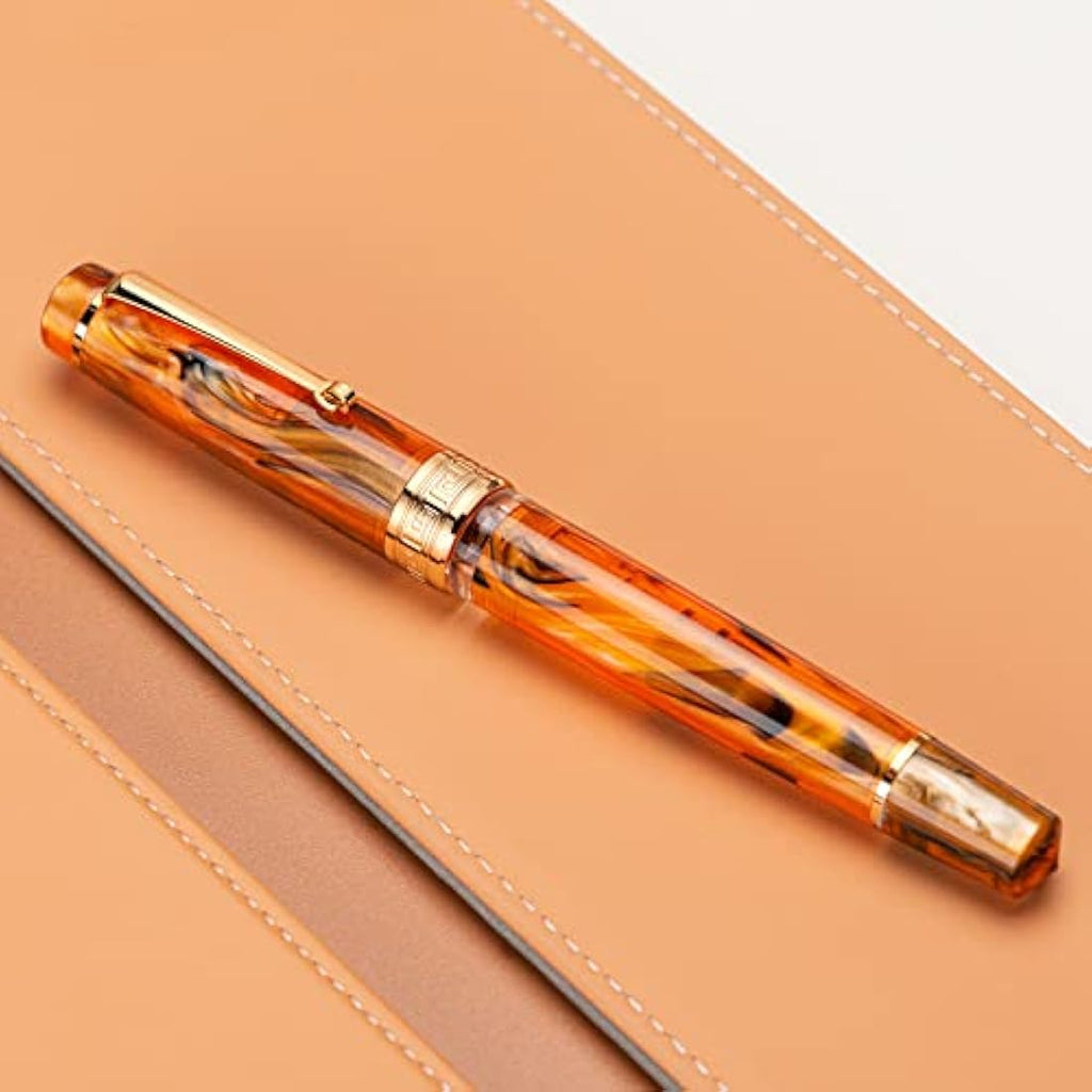 Asvine P20 Piston Fountain Pen – Amber Resin Extra Fine Nib Gold Trim
