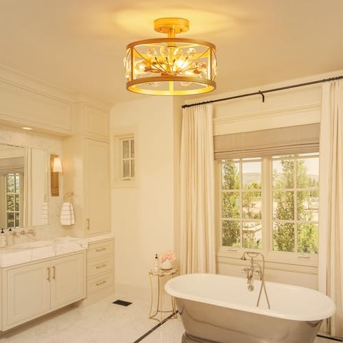 Jolof Store Crystal Leaf Chandelier – Gold 3-Light Semi-Flush Mount Light