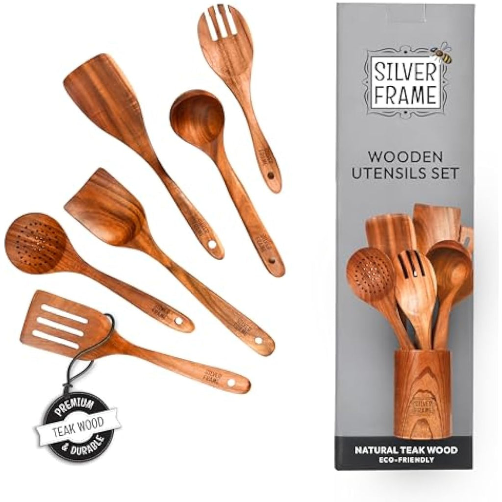 Teak Wood Cooking Utensils Set – 7 Pcs with Kitchen Holder