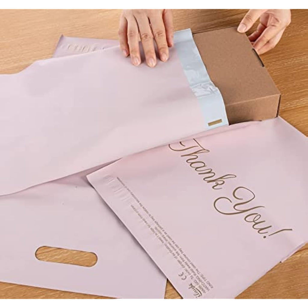 Rose Gold Poly Mailers with Handle - 10x14 Thank You Bags