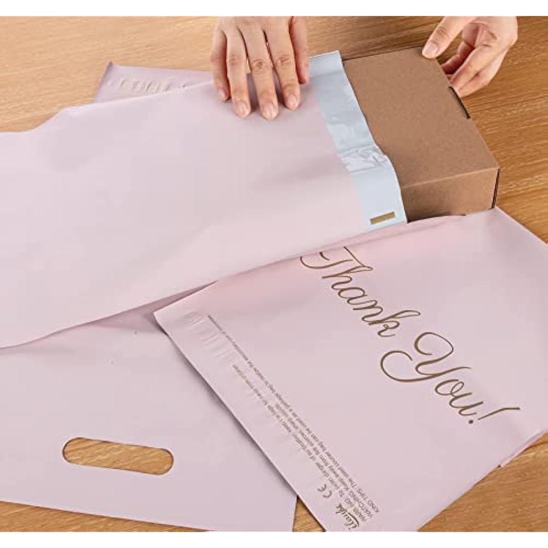 Rose Gold Poly Mailers with Handle - 10x14 Thank You Bags