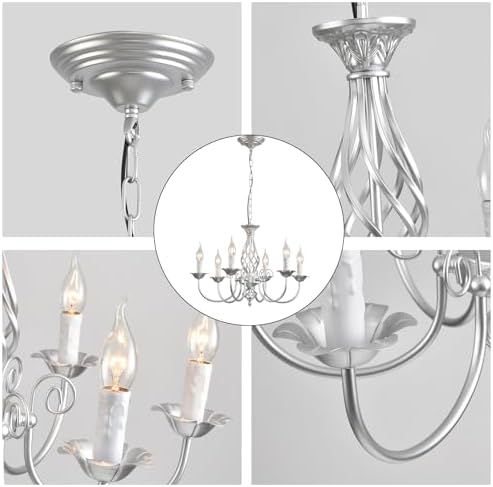 JIINOO French Country Chandelier | 6-Light Silver Rustic Farmhouse Pendant