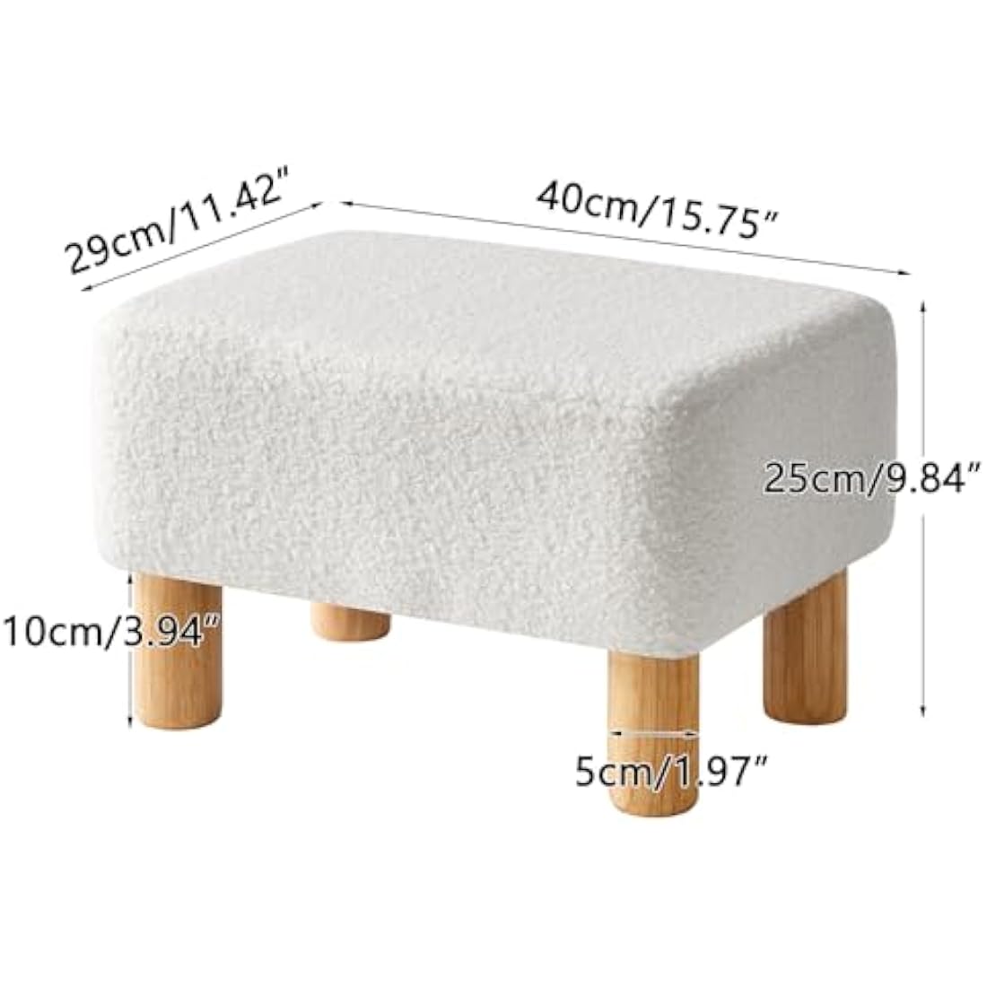 YMYNY Teddy Fleece Footstool | Rectangle Ottoman with Wooden Legs