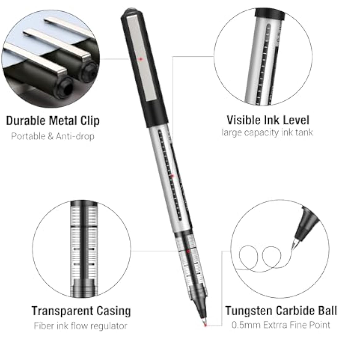 AKARUED 16 Pack Rollerball Pens – 0.5mm Black Quick-Drying Gel Pens