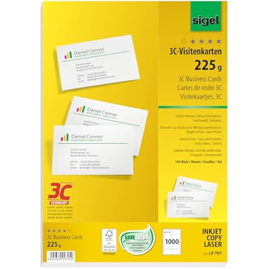Sigel Business Cards | 85x55mm Smooth Cut 225gsm White | 1000 Pack