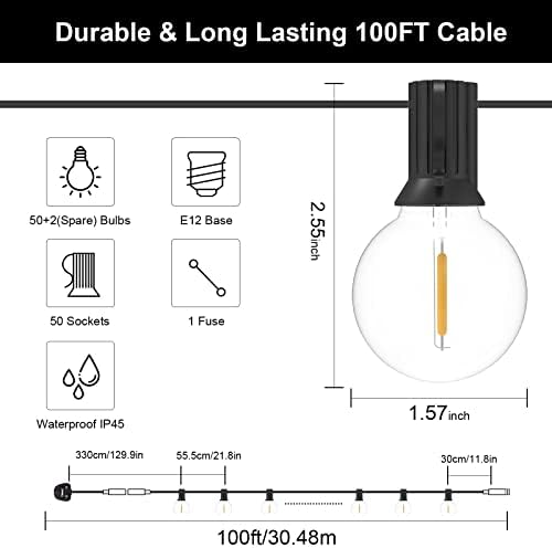 GLUROO 100FT G40 LED Outdoor String Lights – Waterproof Shatterproof Bulbs