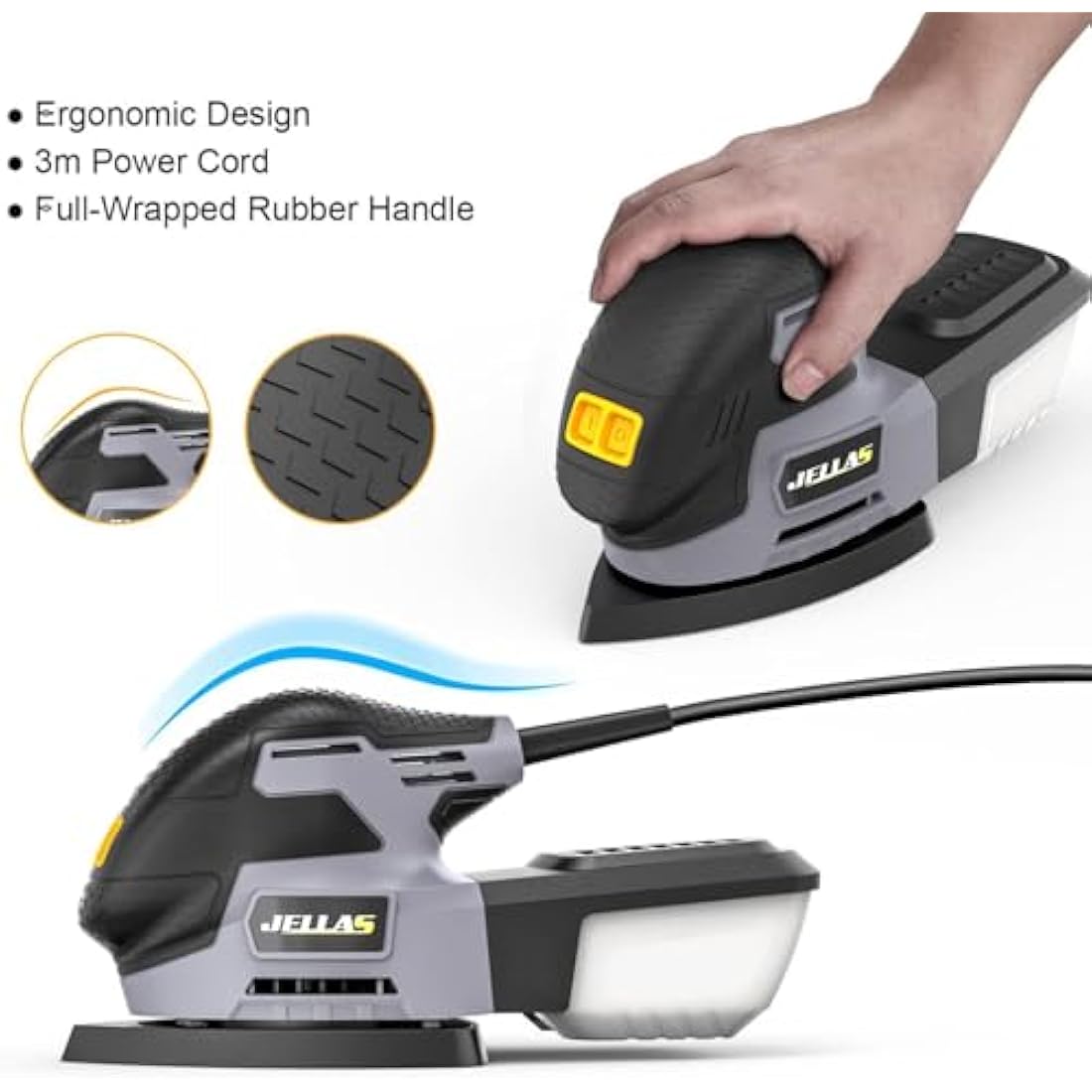 JELLAS Detail Mouse Sander – 220W Compact Wood Sander with 16 Sandpapers