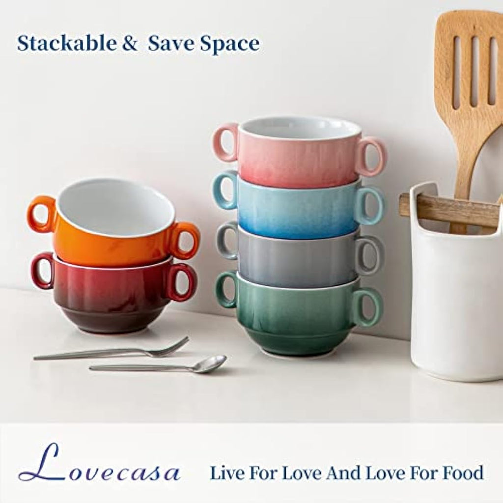 LOVECASA Ceramic French Onion Soup Bowls with Handles - Set of 6
