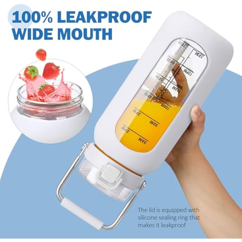 BLUEGO 2L Glass Water Bottle with Time Marker and Straw – White