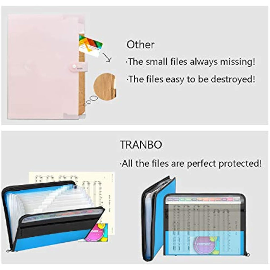 Tranbo 13 Pockets Expanding File Folder | A4 Zippered Document Organizer