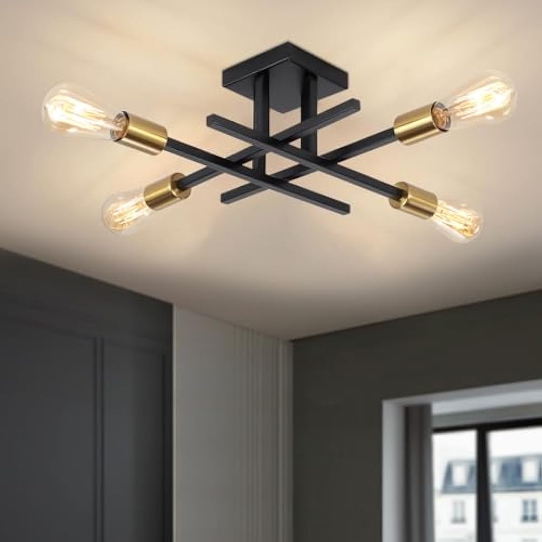 QAREHL 4-Light Modern Sputnik Chandelier – Black and Gold Metal Ceiling Light