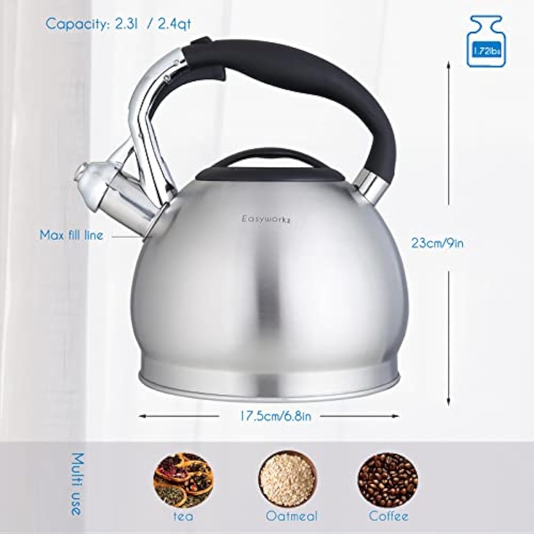 Easyworkz Whistling Tea Kettle - 2.3L Stainless Steel Stovetop Pot