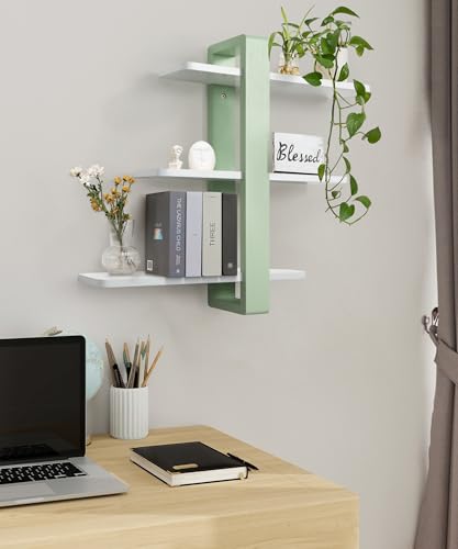 SUMGAR 3-Tier Floating Shelves – White & Green Pine Wood Wall Rack