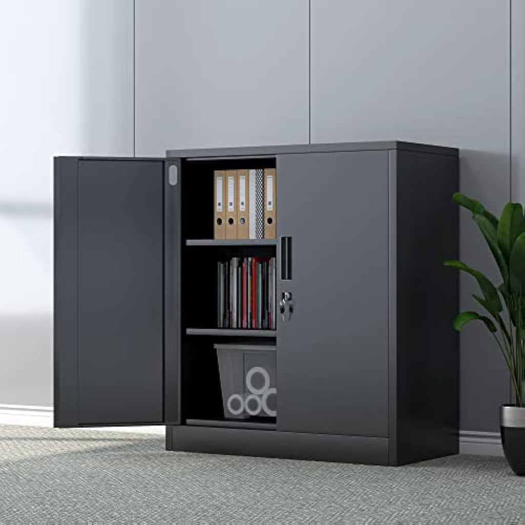 iJINGUR Metal Storage Cabinet with Locking Doors and 2 Shelves - Black
