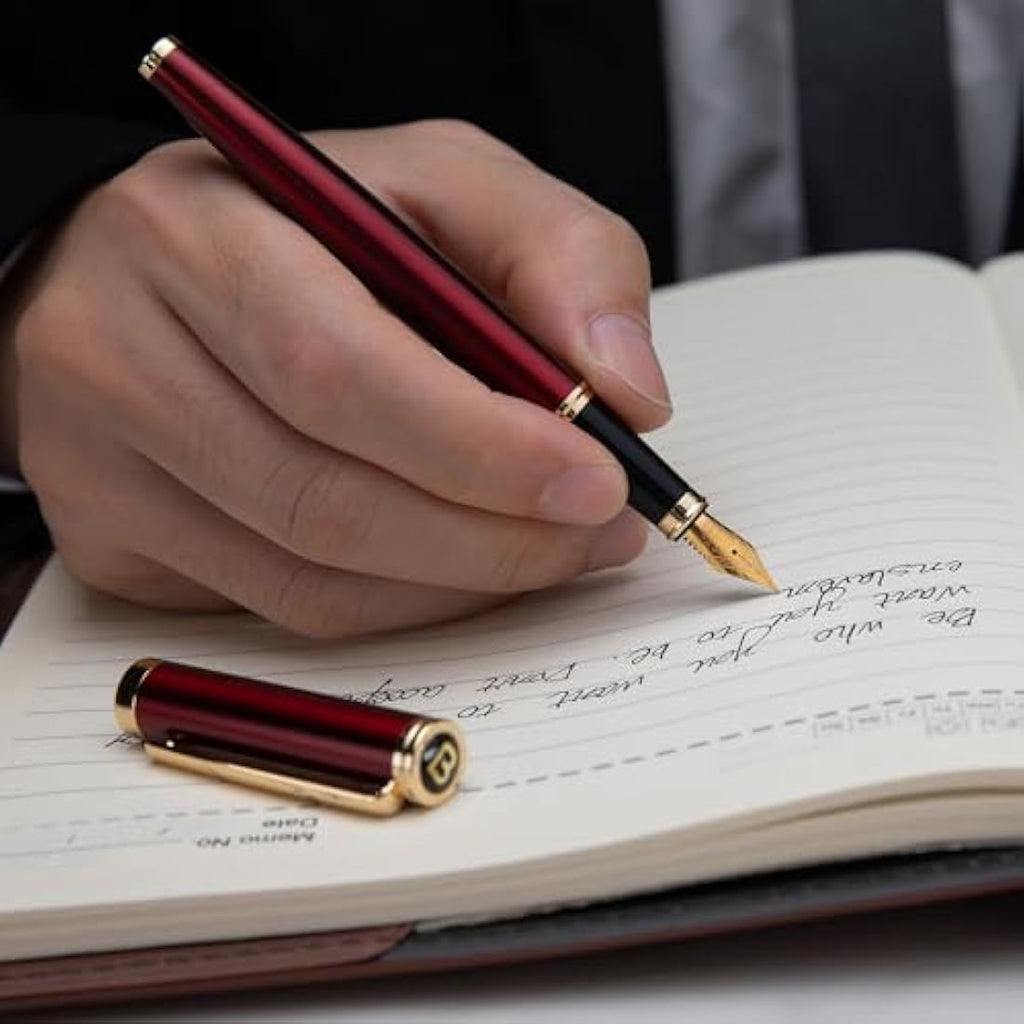 BEILUNER Luxury Fountain Pen – 24K Gold Finish Burgundy Fine Nib Pen