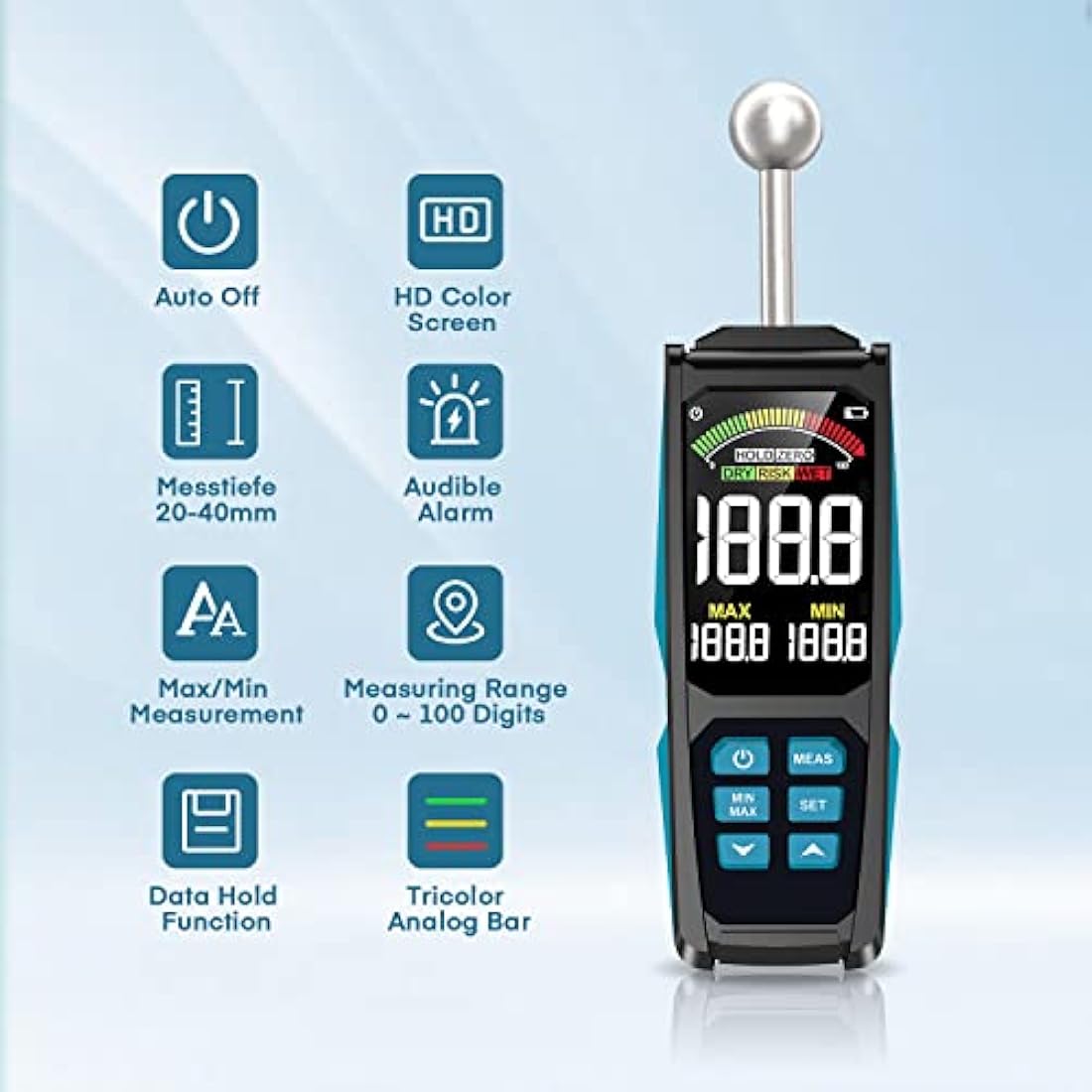 DURFICST Non-Destructive Moisture Meter | 3-Inch HD Screen for Wood & Walls