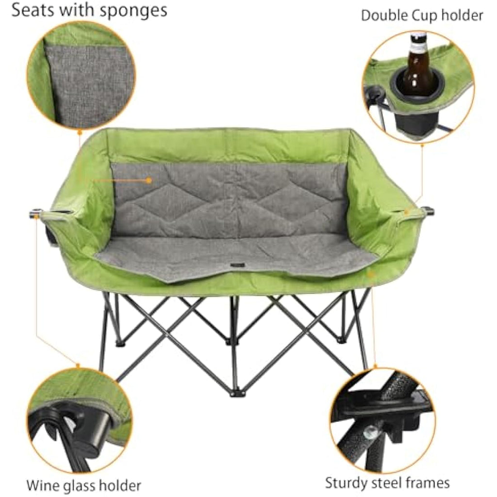 LANMOUNTAIN Folding Double Camping Chair – Heavy Duty 2-Person Loveseat