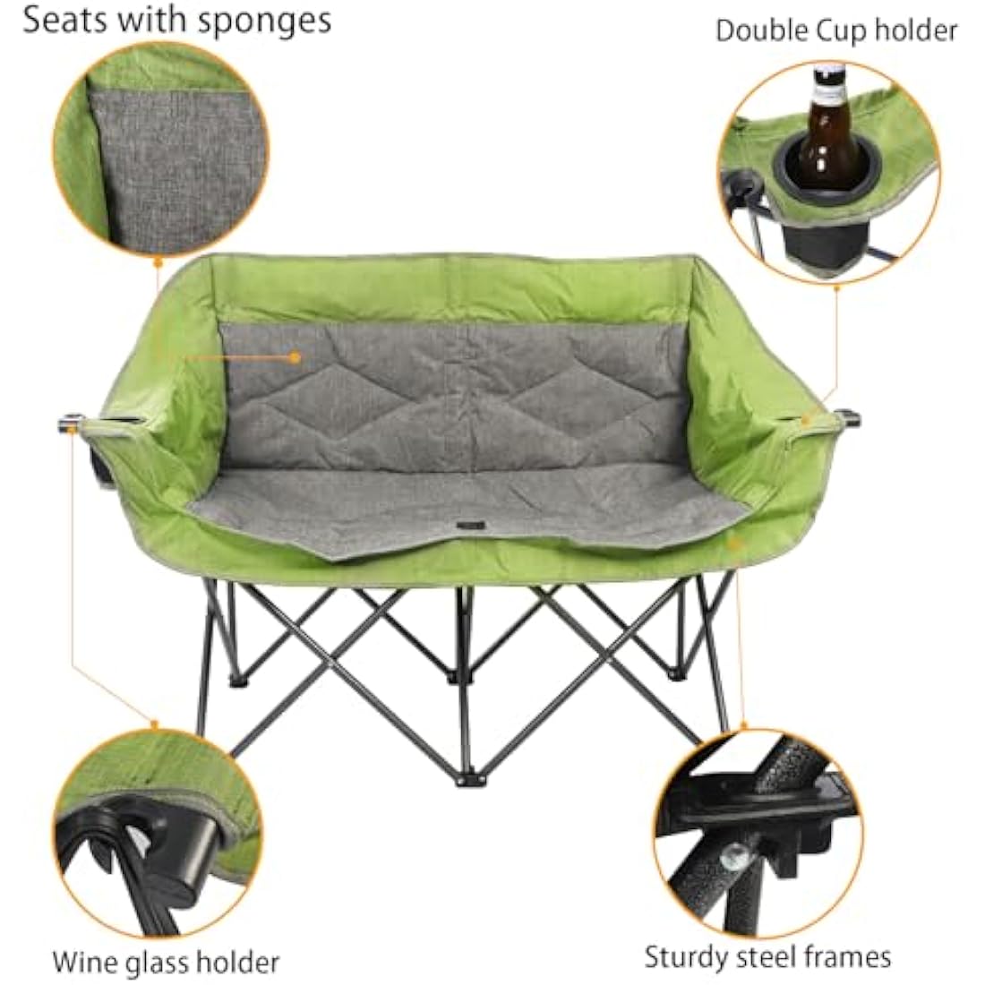 LANMOUNTAIN Folding Double Camping Chair – Heavy Duty 2-Person Loveseat