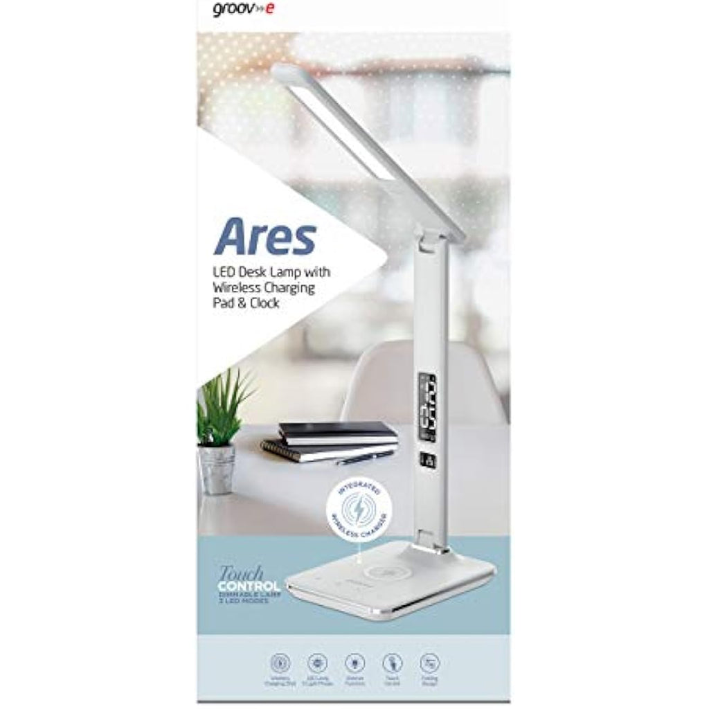 Groov-e Ares LED Desk Lamp with Wireless Charger, Alarm Clock & Calendar