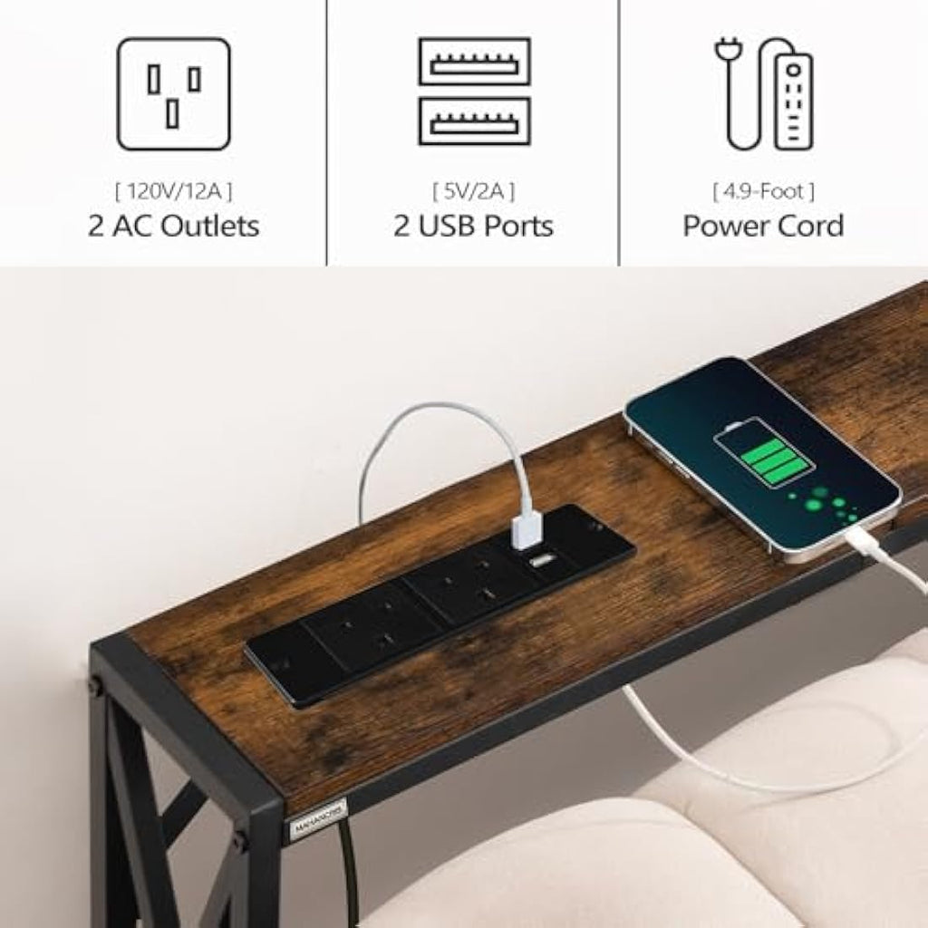 MAHANCRIS 100cm Console Table with Charging Station | Rustic Brown