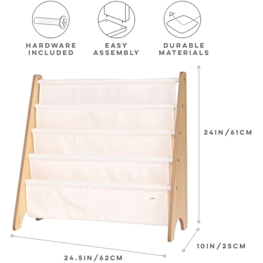 3 Sprouts Kids Bookshelf – 4-Tier Recycled Fabric Sling Book Rack, Cream