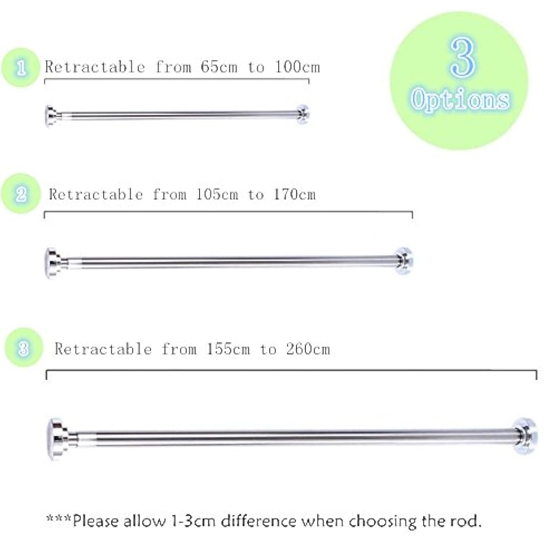 EC Breath Stainless Steel Tension Shower Curtain Rod, 155–260cm
