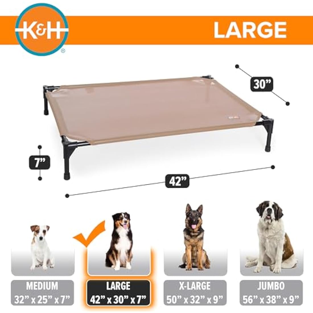 K&H Pet Products Elevated Dog Bed – Large Tan Mesh Cooling Pet Cot