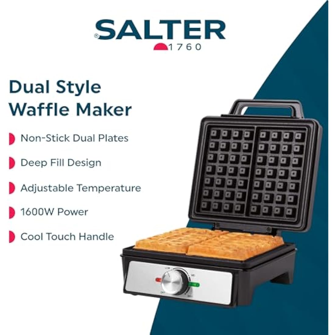 Salter 1600W Deep Fill Waffle Maker – Non-Stick Belgian & American Style