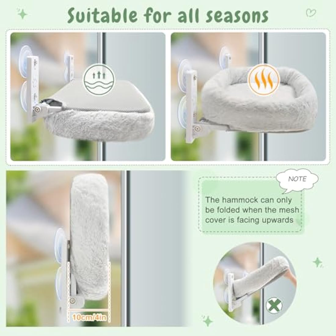 GUUSII HOME Cat Window Perch – Foldable Cordless Hammock Bed, Grey