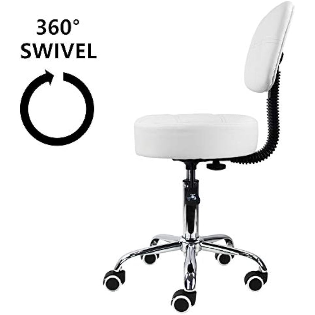 KKTONER Round Rolling Stool with Back - White PU Leather Swivel Chair