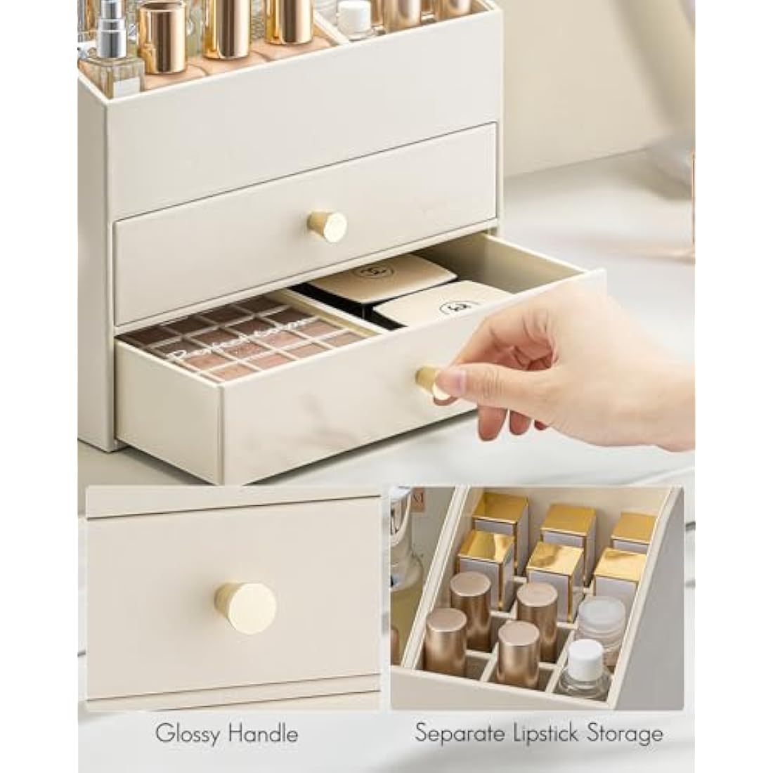 Vlando Faux Leather Makeup Organiser | 2-Drawer Cosmetic Storage, Beige