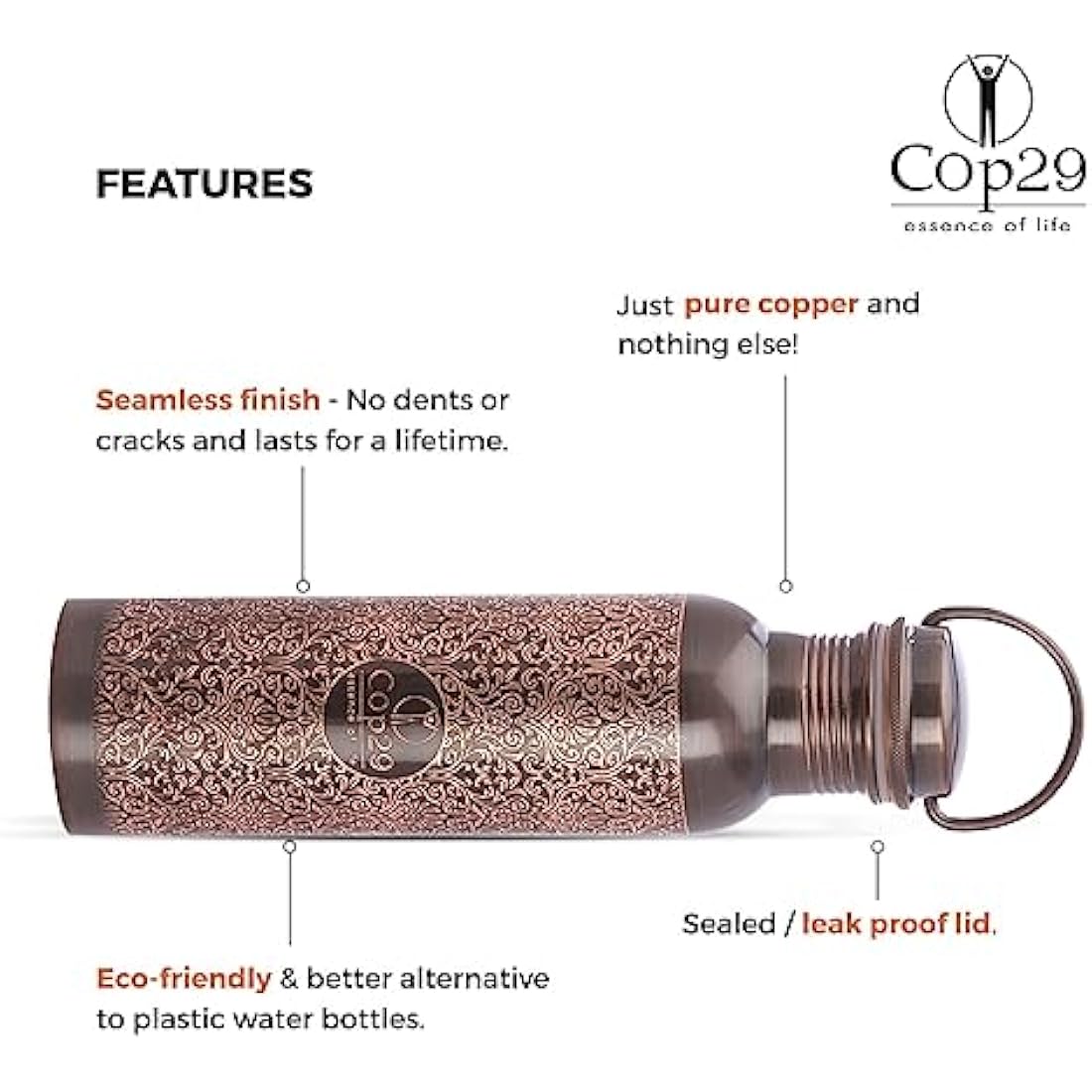Jolof Store Handcrafted Antique Copper Water Bottle - 900ml Leak Proof