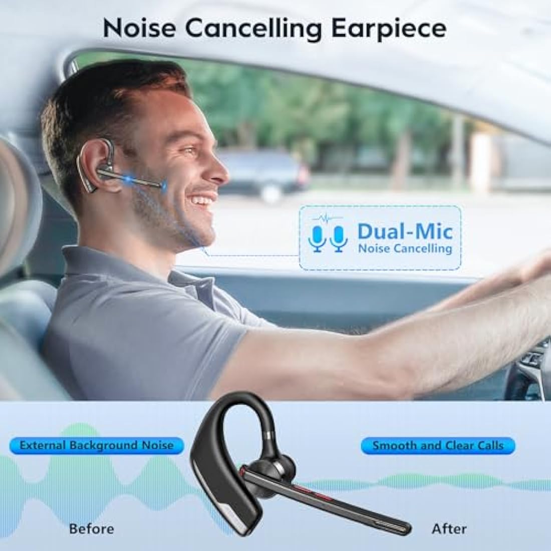 New Bee Bluetooth Headset V5.2 – Dual ENC Mic Wireless Earpiece