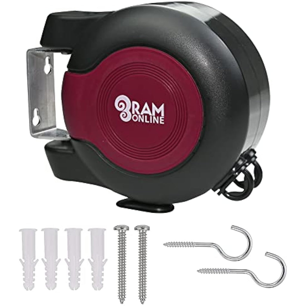 Ram Retractable Clothes Line – 30m Twin Cable Wall Mounted Dryer, Burgundy