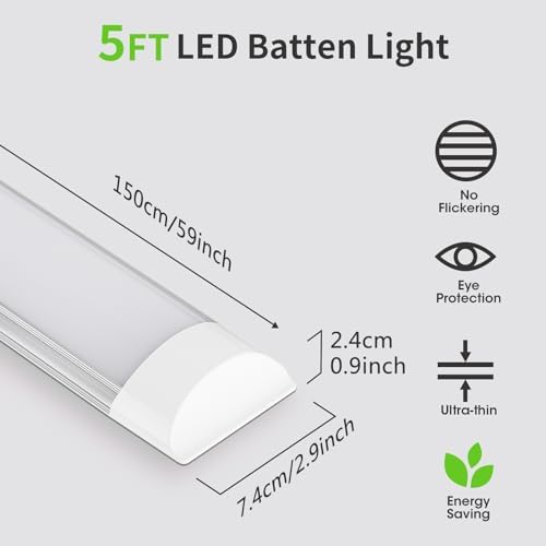 5FT LED Batten Light – 50W Slim Surface Mount 4000K, 4 Pack