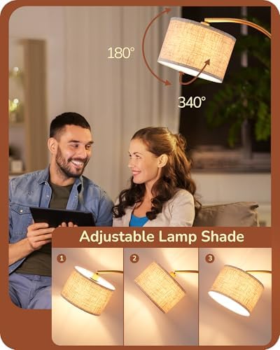 EDISHINE 63" LED Floor Lamp – Modern Gold Arc Standing Light with Linen Shade
