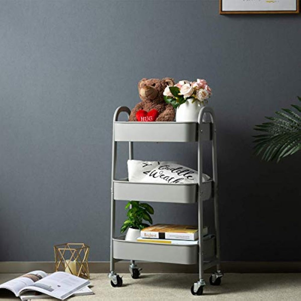 DOEWORKS 3-Tier Metal Rolling Storage Trolley - Slim Utility Cart, Grey