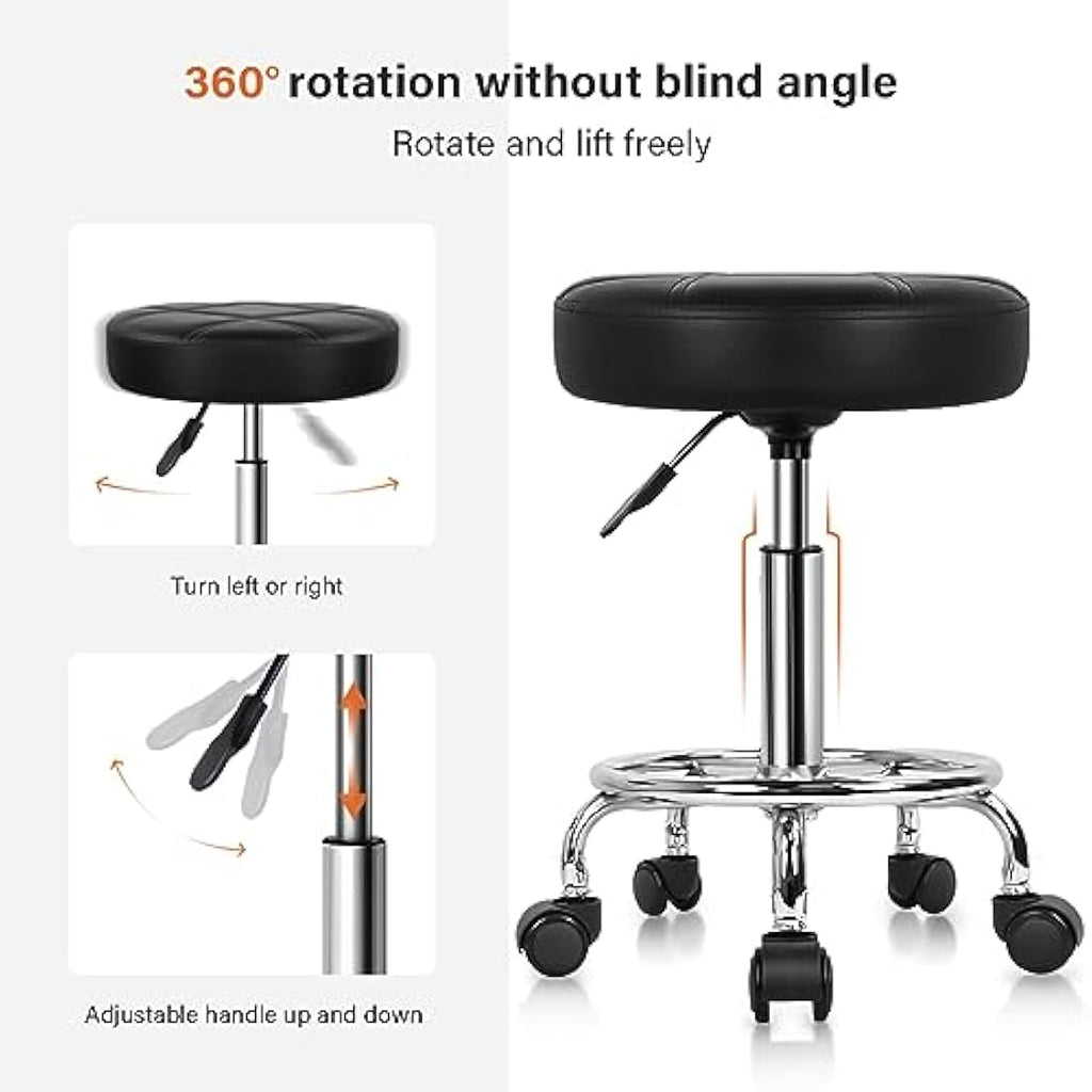 KKTONER Round Rolling Stool - Adjustable PU Leather Swivel Salon Chair